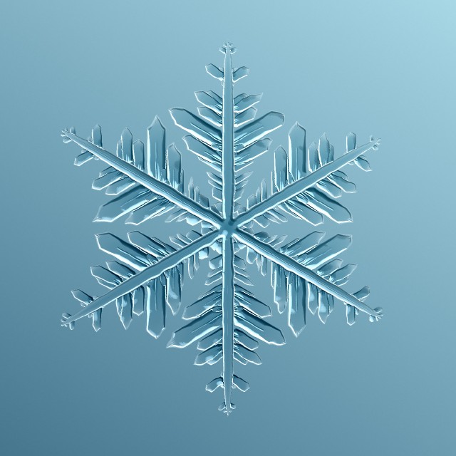 A photorealistic snowflake on a gray background.